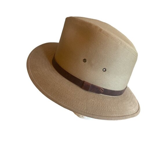 Khaki Brown Leather Trim Fedora Hat Size Medium - Picture 1 of 7